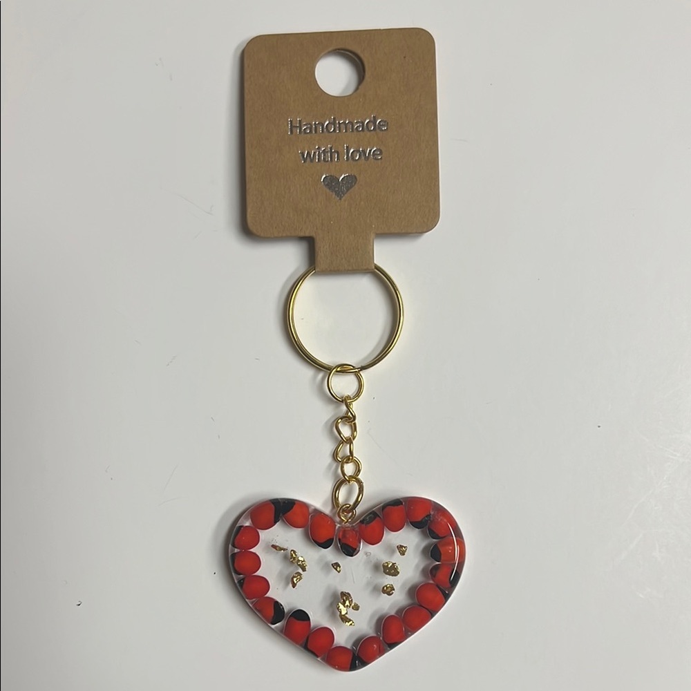 Handmade Heart Keychain Huayruro and Gold Accents. For Protection & Prosperity